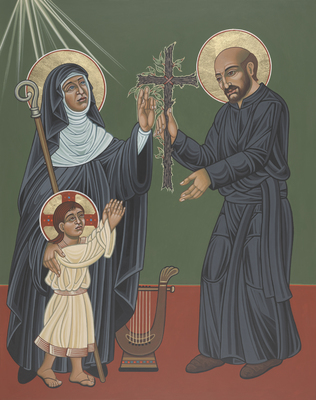 St Ignatius offers a dead stick-Cross to St Hildegard, and the Holy Child Jesus to be blessed and greened
